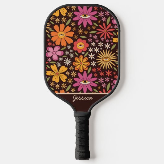 Hippie Psychedelische 70s Groovy Bloemen Oog Custo Pickleball Paddle (Voorkant)