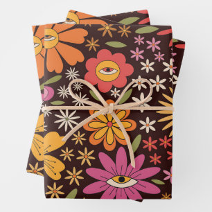 Hippie psychedelische 70s groovy bloemen oogpatroo inpakpapier vel