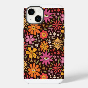 Hippie psychedelische 70s groovy bloemen oogpatroo iPhone 14 hoesje