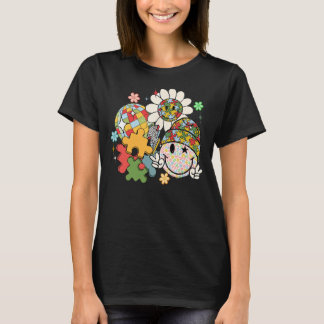 Hippie Puzzle Happy Retro Face Floral Autism Aware T-shirt