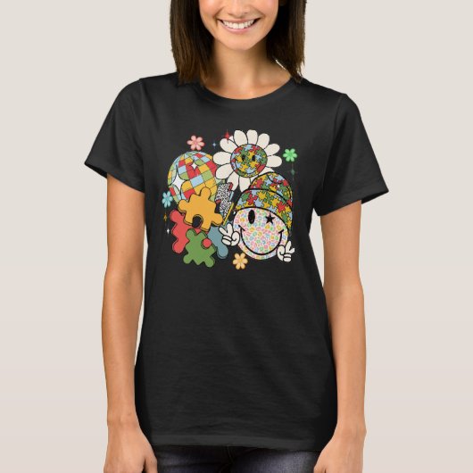 Hippie Puzzle Happy Retro Face Floral Autism Aware T-shirt (Voorkant)