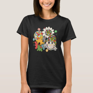 Hippie Puzzle Happy Retro Face Floral Autism Aware T-shirt