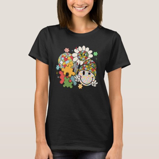 Hippie Puzzle Happy Retro Face Floral Autism Aware T-shirt (Voorkant)