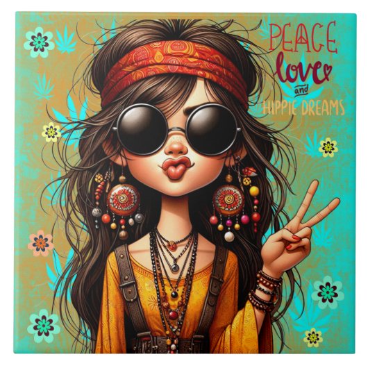 Hippie Quirky Peace & Love Keramische Tegel Tegeltje (Voorkant)