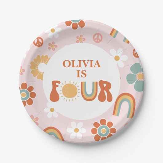 Hippie Rainbow Groovy 4e verjaardag Papieren Bordje (Voorkant)