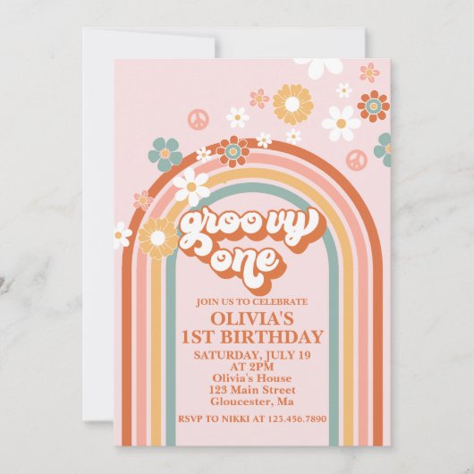 Hippie Rainbow Groovy One 1st Birthday Invitation Kaart (Voorkant)