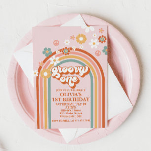 Hippie Rainbow Groovy One 1st Birthday Invitation Kaart
