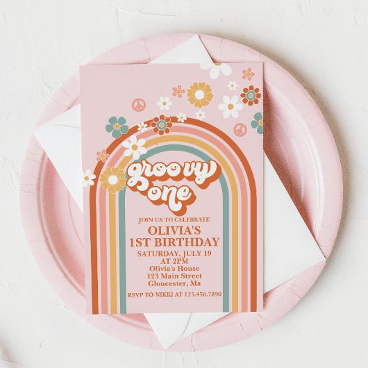 Hippie Rainbow Groovy One 1st Birthday Invitation Kaart