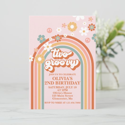 Hippie Rainbow Two Groovy 2e verjaardag Uitnodigin Kaart (Staand voorkant)