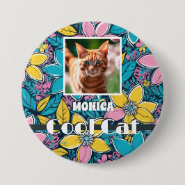 Hippie Retro Bloemen Groovy Cool Cat Custom Foto Vierkante Button 5,1 Cm