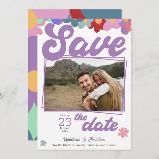 Hippie retro  bloemenmoloy save the date (Voorkant / Achterkant)