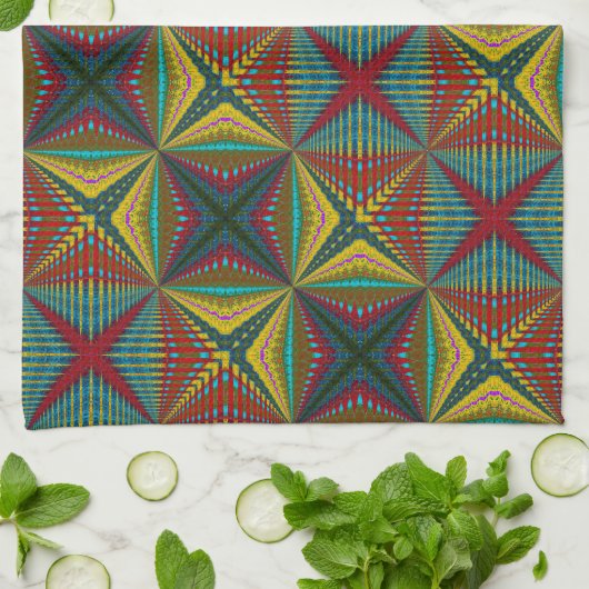 Hippie Rood Blauw Geel Groen Etnisch Trippy Aards Theedoek (Gevouwen)