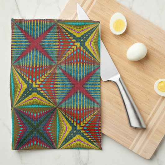 Hippie Rood Blauw Geel Groen Etnisch Trippy Aards Theedoek (Quarter Fold)