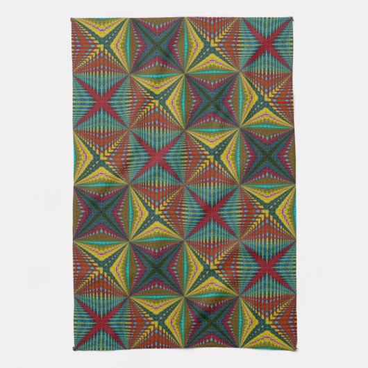 Hippie Rood Blauw Geel Groen Etnisch Trippy Aards Theedoek (Verticaal)