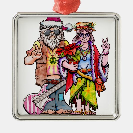 Hippie Santa Couple Metalen Ornament (Voorkant)