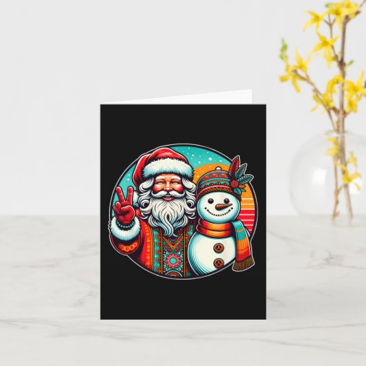 Hippie Santa Retro Sneeuwman Bohemian Kerstmis Kaart (Gele Bloem)