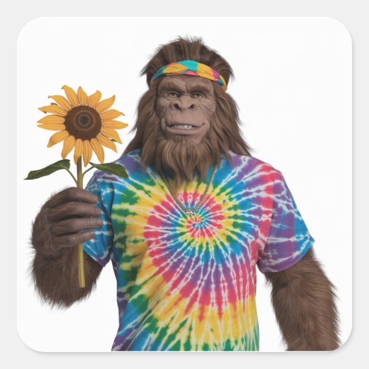 Hippie Sasquatch in Tiedye met zonnebloem Vierkante Sticker (Voorkant)