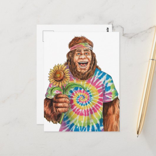 Hippie Sasquatch met zonnebloem Briefkaart (Voorkant / Achterkant in situ)