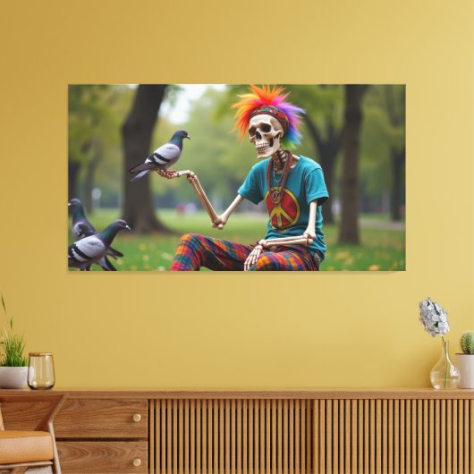 Hippie skelet in het park canvas afdruk (Insitu (Woonkamer))