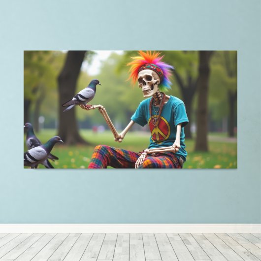 Hippie skelet in het park canvas afdruk (Insitu (Houten vloer))