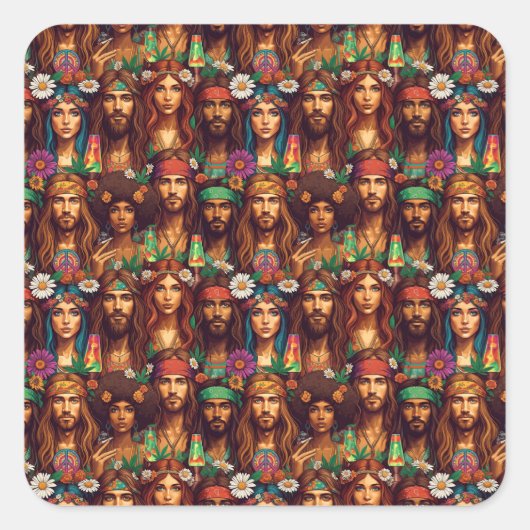 Hippie Tapestry Groovy Psychedelic Peace Era Vierkante Sticker (Voorkant)