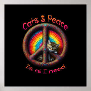 Hippie Tie Dye Cat Lovers Vredesteken Psychedelic Poster