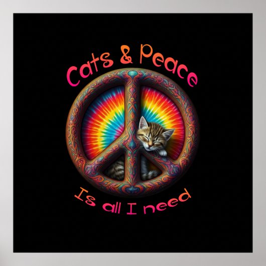 Hippie Tie Dye Cat Lovers Vredesteken Psychedelic Poster (Voorkant)