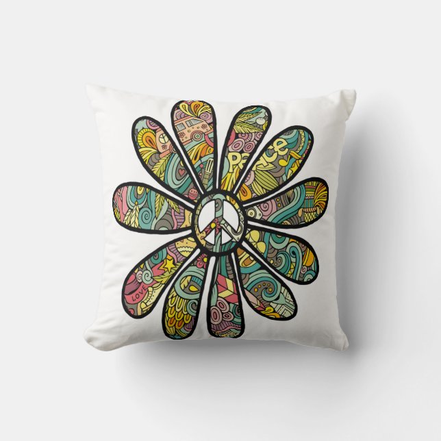 Hippie Trippy Flower Power Peace Sign-zeven Kussen (Voorkant)