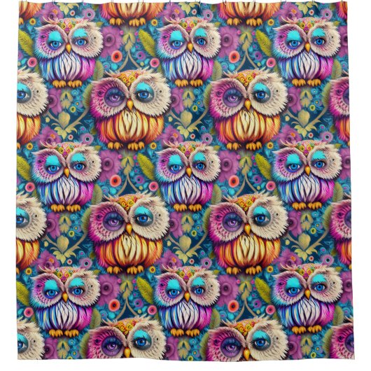 Hippie Trippy Psychedelische Kleurrijke Uil Douchegordijn (Voorkant)