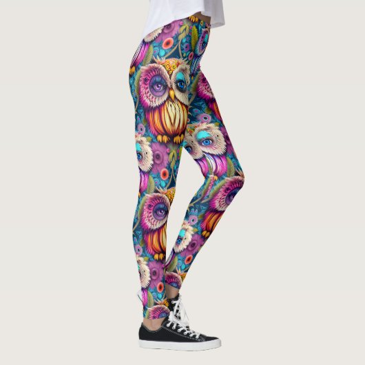 Hippie Trippy Psychedelische Kleurrijke Uil Leggings (Rechts)