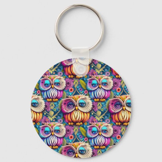Hippie Trippy Psychedelische Kleurrijke Uil Sleutelhanger (Voorkant)