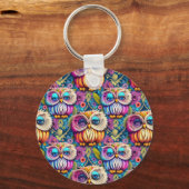 Hippie Trippy Psychedelische Kleurrijke Uil Sleutelhanger (Achterkant)