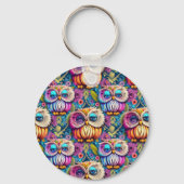 Hippie Trippy Psychedelische Kleurrijke Uil Sleutelhanger (Achterkant)