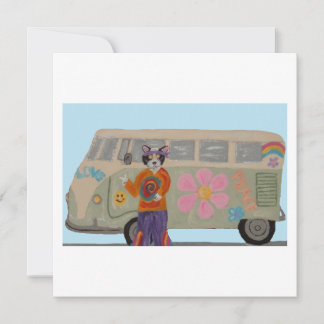 Hippie Tuxedo Kat met Flower Child Busje Kaart