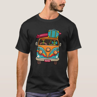  Hippie Van Flower Bus Aliens Vredesbord T-shirt