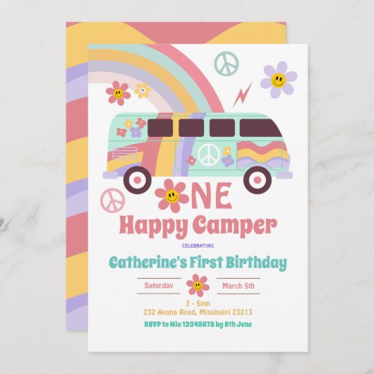 Hippie Van One Happy Camper First Dag Kaart (Voorkant / Achterkant)