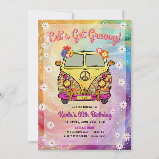 Hippie verjaardagsfeestje uitnodiging en spel (Voorkant)