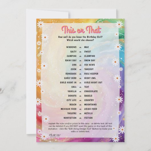 Hippie verjaardagsfeestje uitnodiging en spel (Achterkant)