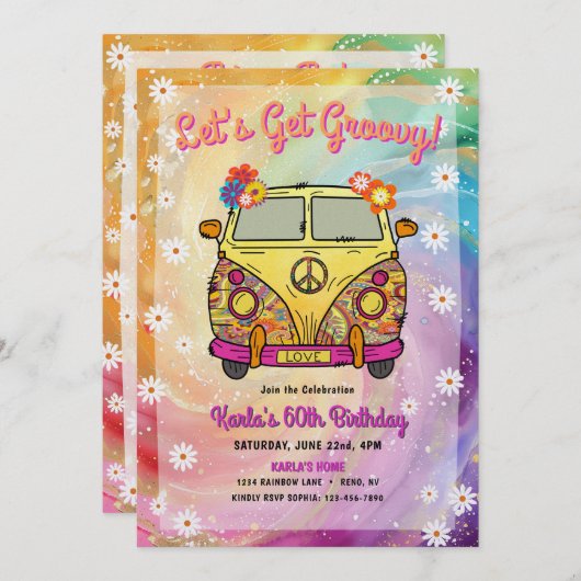 Hippie verjaardagsfeestje uitnodiging en spel (Voorkant / Achterkant)