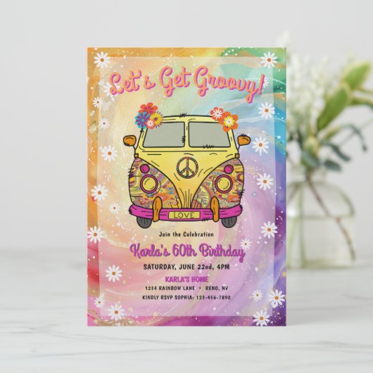 Hippie verjaardagsfeestje uitnodiging en spel (Staand voorkant)