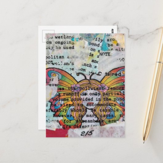 Hippie Vlinder Vrouw Mixed Media Collage Briefkaart (Voorkant / Achterkant in situ)