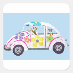 Hippie Welsh Corgis in hun Flower Child Liefdesaut Vierkante Sticker