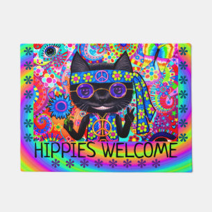 Hippies Welkom Black Cat Paarse Shades Funny Cute Deurmat