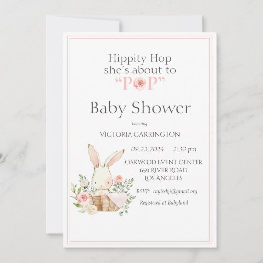 Hippity Hop Bunny Pink Modern Baby shower Kaart (Voorkant)