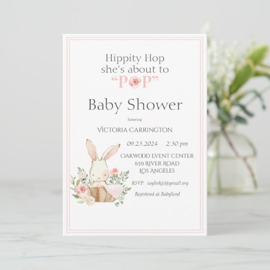 Hippity Hop Bunny Pink Modern Baby shower Kaart (Staand voorkant)