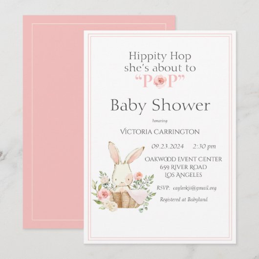 Hippity Hop Bunny Pink Modern Baby shower Kaart (Voorkant / Achterkant)