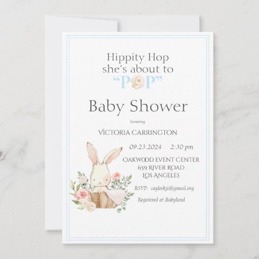 Hippity Hop Konijn Blauwe Moderne Baby Shower Kaart (Voorkant)