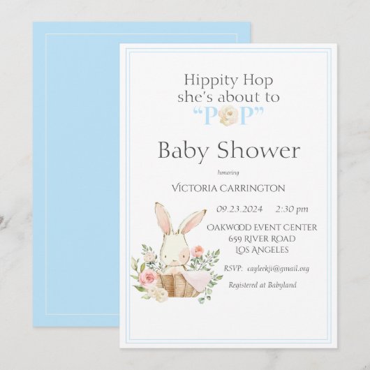 Hippity Hop Konijn Blauwe Moderne Baby Shower Kaart (Voorkant / Achterkant)