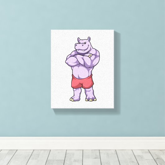 Hippo als Bodybuilder extreem Canvas Afdruk (Insitu (Houten vloer))