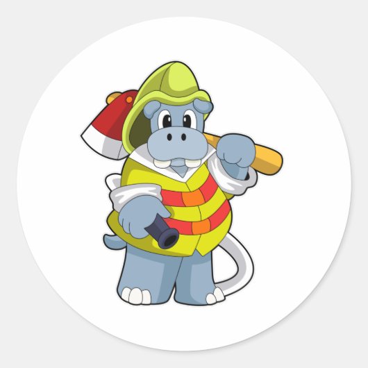 Hippo als brandweerman met Ax Ronde Sticker (Voorkant)